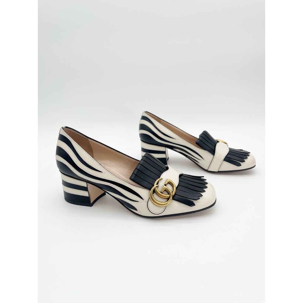 Gucci Marmont Kiltie Zebra Stripe Black White Leather Block Heel Pumps IT 37.5 - Picture 3 of 16